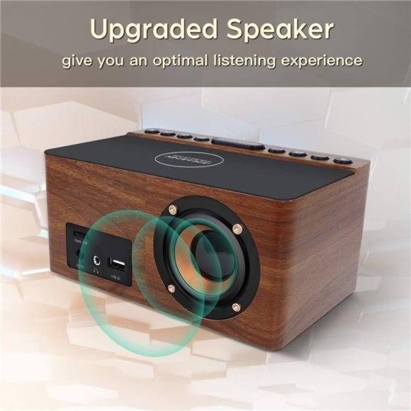 Wooden Digital Alarm Clock FM Radio, Fast Wireless Charger Station for iPhone - Picture 4 of 6